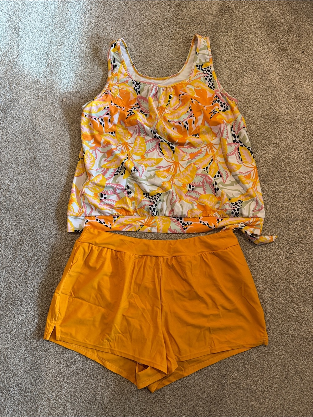 Women's Orange Floral Tankini Set - Two-Piece Swim Top & Shorts